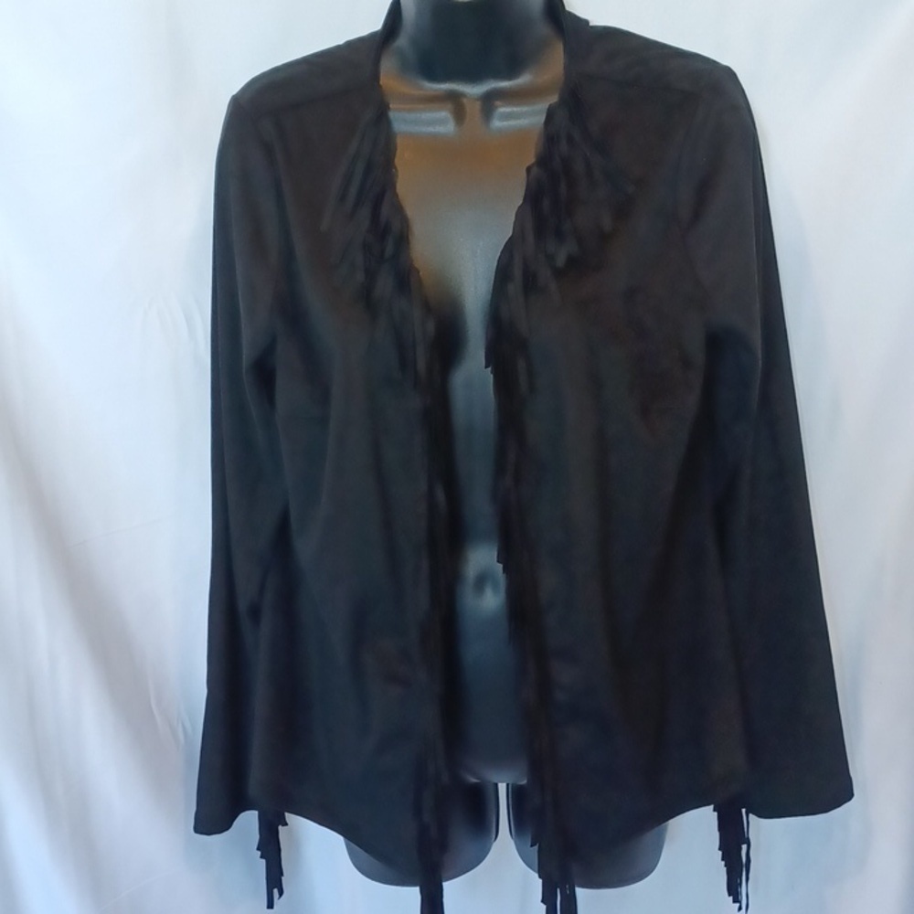 Colleen Lopez faux suede fringe jacket Black M, open front, stretchy, soft